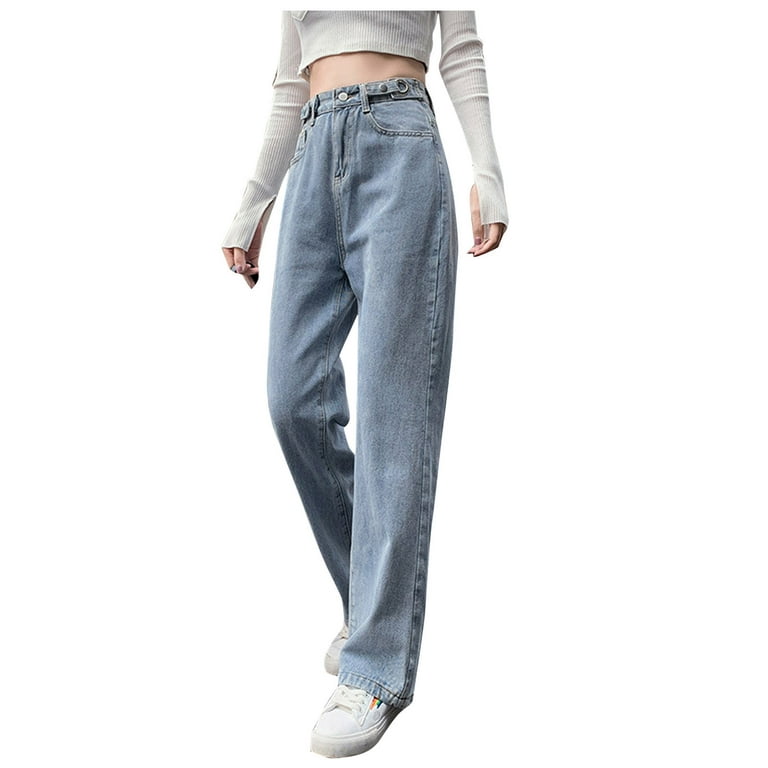 Paptzroi Pants Elastic Jeans Bottom Loose High Trousers Hole Denim Pocket Waist Women Button Women's Jeans Jean Stretcher for Women, Size: Small, Blue