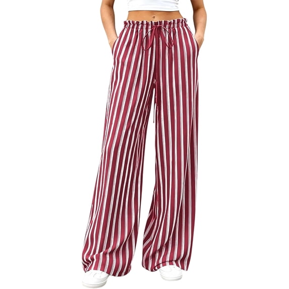 Pants Elastic Waist Palazzo Pants for Women Casual Lounge Wide Leg Pants Red L