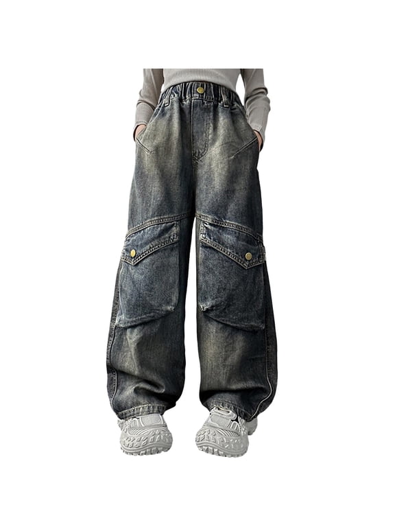 Pants For Kids Girls Size 7-8 Jeans Little Girls' Cargo Jeans with Flap Pocket, Wide Leg and Split Hem Boyfriend Denim Pants Denim Shorts Plus Size