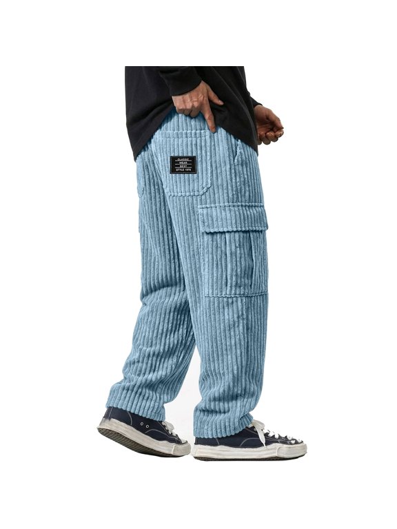 Pants For Men Corduroy Cargo Pants Relaxed Fit Elastic Drawstring Waist Multi Pocket Label Patch Casual Trousers For Work Travel Everyday Wear, 2XL