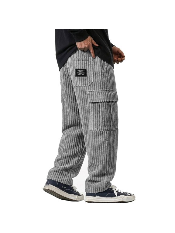 Pants For Men Corduroy Cargo Pants Relaxed Fit Elastic Drawstring Waist Multi Pocket Label Patch Casual Trousers For Work Travel Everyday Wear, 3XL