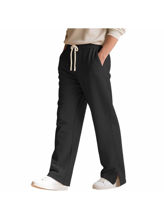 Pants For Men, Men's Pants Straight Leg Casual Pants with Split Hem, Elastic Waistband Drawstring, Lightweight Trousers Black XXXL