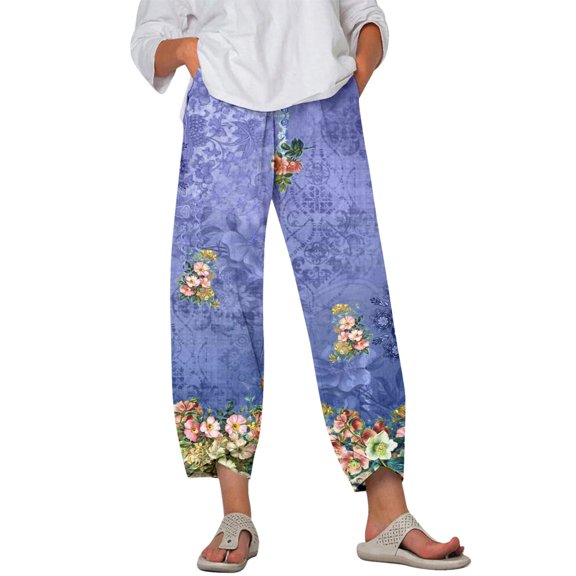 Pants For Women Fashion Wide Leg Capris Womens Summer Cropped Pants Beach Elastic Waist Baggy Crop Trousers