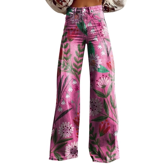 Pants For Women, Floral Printed Imitation Denim Wide Leg Trousers, Lightweight Loose Colorful Summer Casual Bottoms