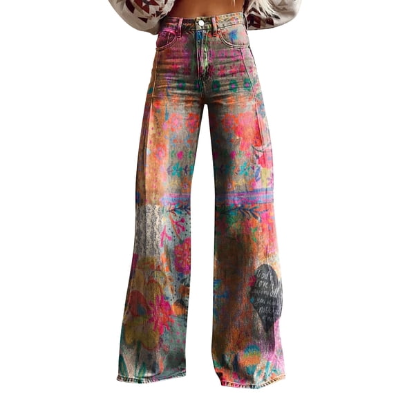 Pants For Women, Floral Printed Imitation Denim Wide Leg Trousers, Lightweight Loose Colorful Summer Casual Bottoms