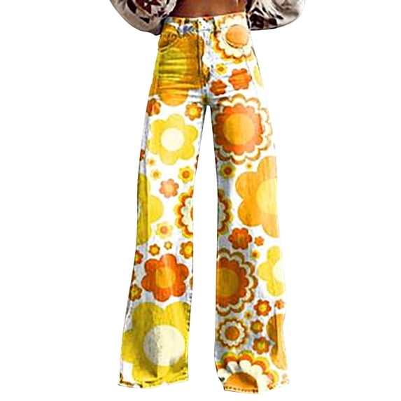 Pants For Women, Floral Printed Imitation Denim Wide Leg Trousers, Lightweight Loose Colorful Summer Casual Bottoms