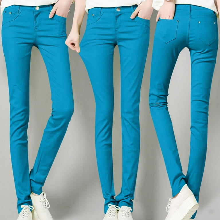 Pants For Women High Rise Fashion Jean Classic Solid Color Ankle Jeans  Casual Regular Tight Fitting Blue M
