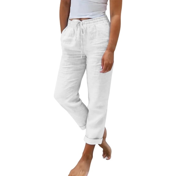 Pants For Women Ladies Summer Elastic High Waist Solid Color Cotton Linen Wide Leg Loose Pants