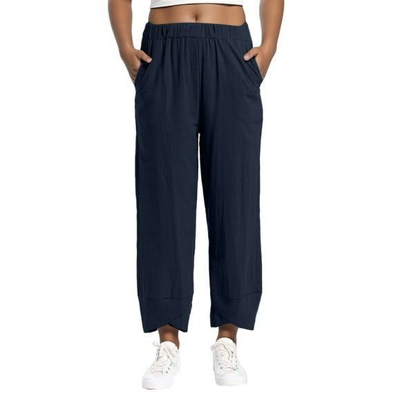 Pants For Women Loose Fit Straight Summer High Elastic Waist Solid Color Outdoor Wear Cropped With Pockets Casual Trousers
