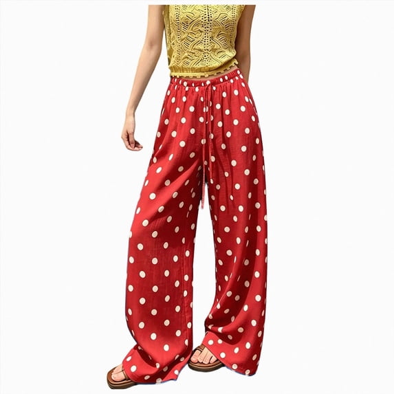 Pants For Women Polka Dot Women Linen Pants Trousers Slacks Elastic Waist Baggy Pants Sweatpants Jogger Pants M Red Women Sports Pants