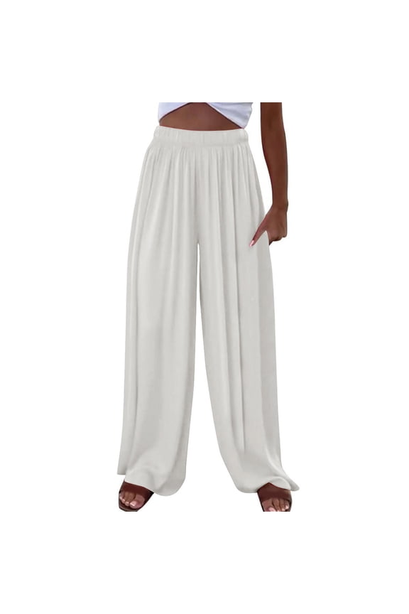 Pants For Women Sevevn Women's Chiffon Dress Pants Beach Wide Leg Elastic Waist Trouser Elegant Flowy High Waisted Ladies Lounge