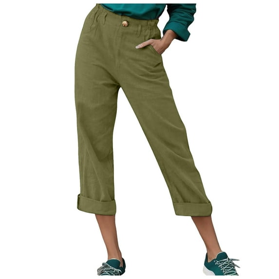 Pants For Women Spring And Summer Drawstring Elastic Waist Solid Color Cotton Straight Leg Cropped Casual Trousers