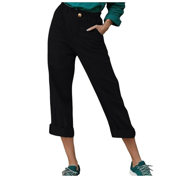 Pants For Women Spring And Summer Drawstring Elastic Waist Solid Color Cotton Straight Leg Cropped Casual Trousers