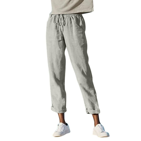 Womens Pants Pocket Solid Color Cotton Drawstring Loose Straight Leg Trousers Pant