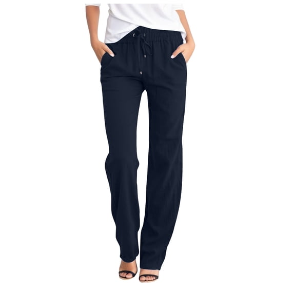 Pants For Women Work Casual High Waisted Solid Straight Waist Long Elastic Drawstring With Pockets Travel Attire Trousers