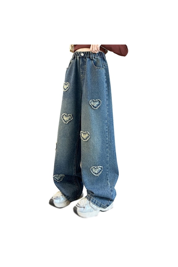 Pants for Girls Back To School Clothes for Teen Girls Casual Wide Leg Jeans Heart Korean Style Autumn Fashion Comfortable Stretchable Soft Fabric Outfit for Daily Wear