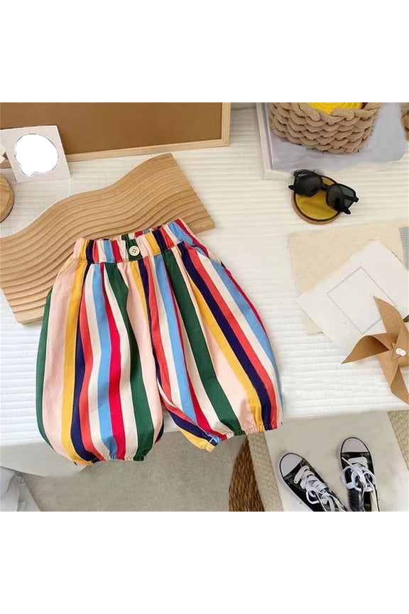 Pants for Girls Stretchy Elastic Waist Striped Pattern Trousers for Kids Girls Soft Fabric Everyday Indoor Crawling and Casual Play Pant Multicolour 90