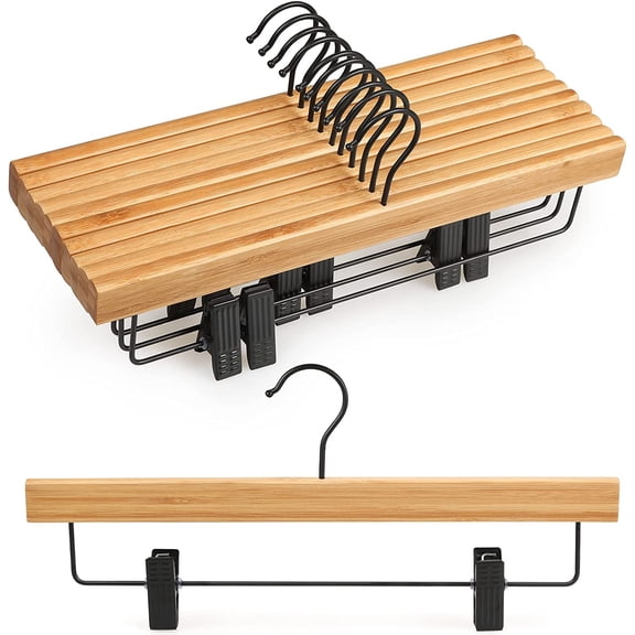 Pants Hangers 10 Pack, Bamboo Clothes Hangers with Black Clips and Rotatable Hook, Durable Natural Wooden Hangers for Skirts, Pants, Jeans, Shorts - CTS04