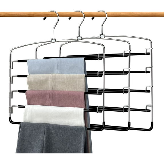 Pants Hangers 3 Pack, Swing Arm Trousers Hanger, Space Saving Pants Rack, 5 Layers Jeans Hangers with Non-Slip, Multiple Pants Hanger Closet Organizer By Wattne for Trousers Scarves Ties