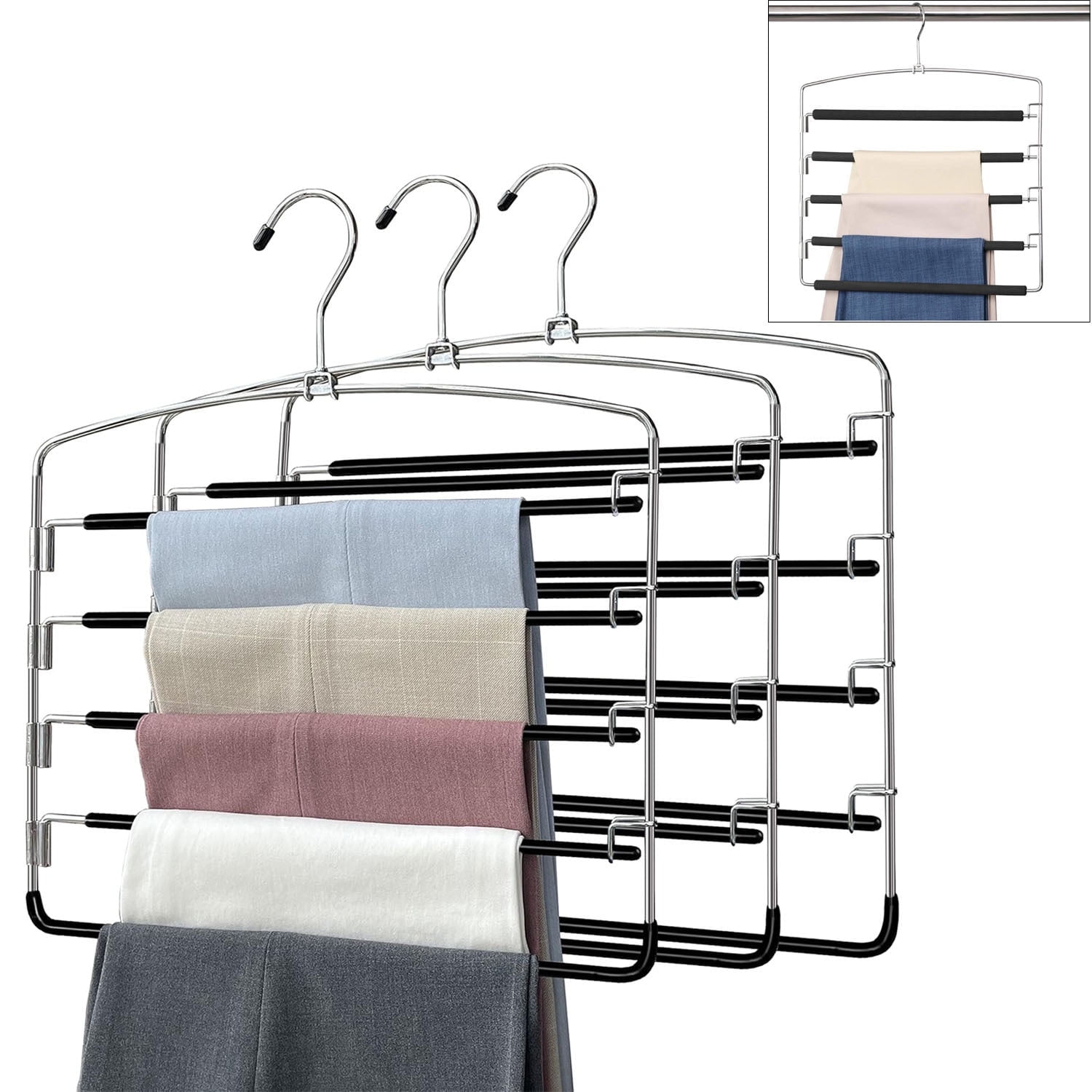 Pants Hangers 4 Pieces, 5 Layer Closet Organizers and Storage Clothes Hangers,Hangers Space Saving with Swing Arm, Multiple Metal Hangers Clothes Organization for Pants Trousers Jeans Leggings Slacks