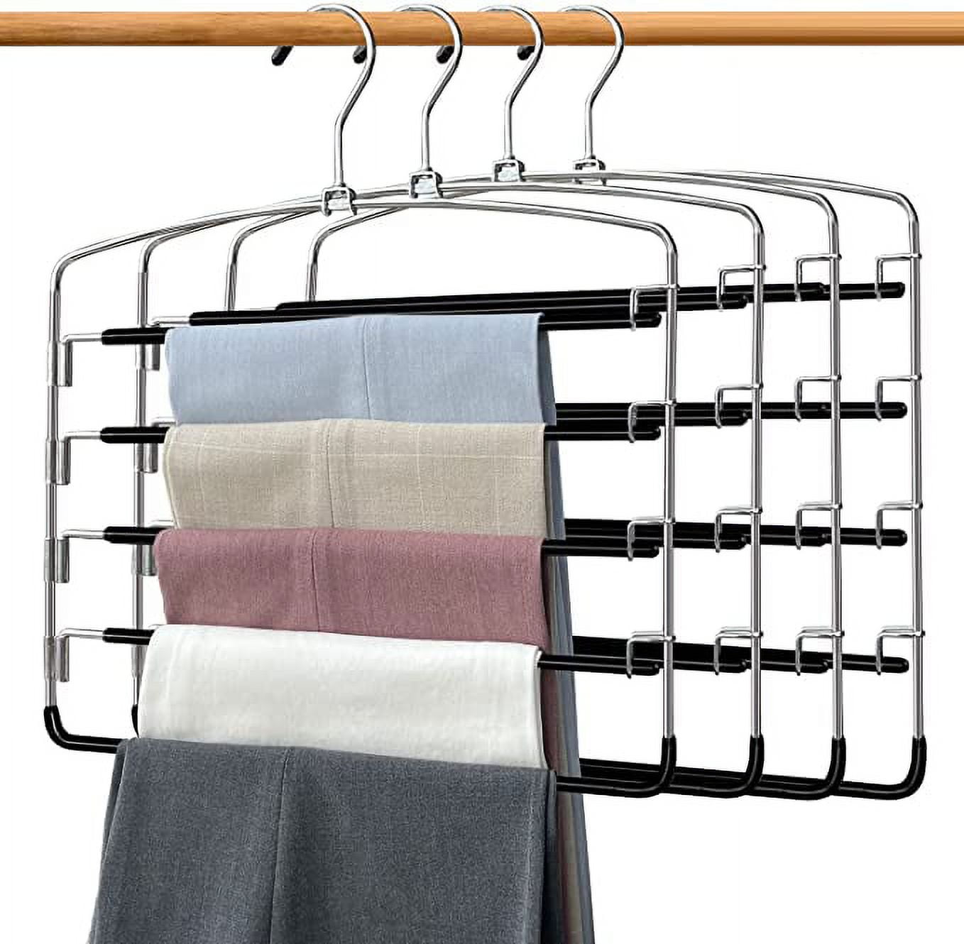 Pants Hangers 4 Pieces, Space Saving Pants Rack, Swing Arm Trousers Hanger, 5 Tiers Jeans Hangers with Non-Slip, Multiple Pants Hanger Closet Organizer for Trousers Scarves Ties