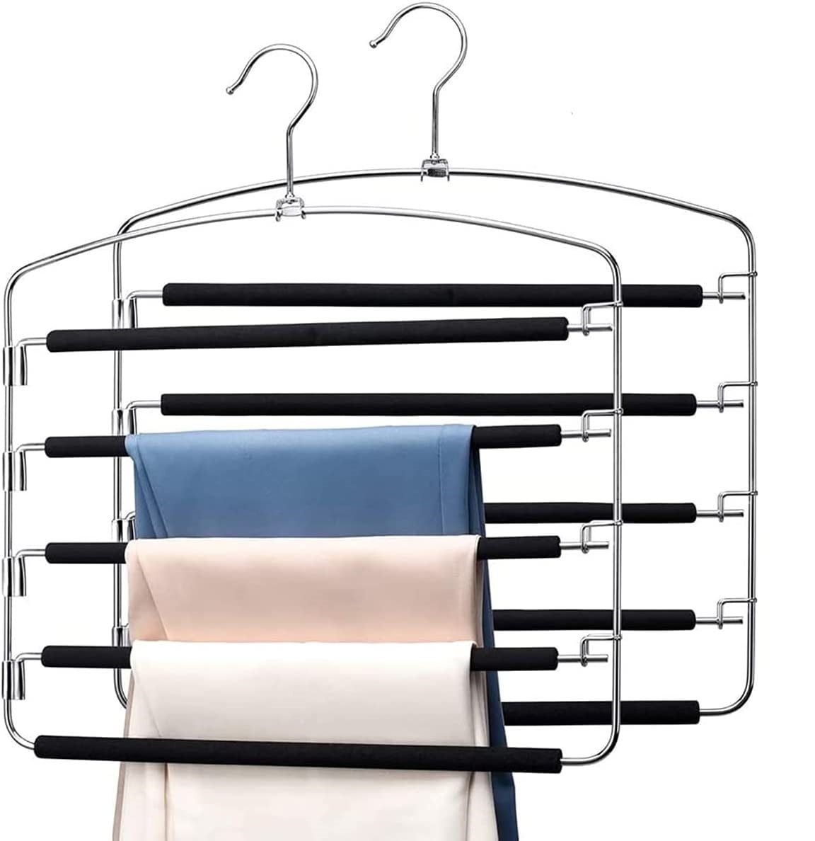Pants Hangers 5 Layers Stainless Steel Non-Slip Foam Padded Swing Arm Space Saving Clothes Slack Hangers Closet Storage Organizer for Pants Jeans Trousers Skirts Scarf Ties Towels(Pack of 2)