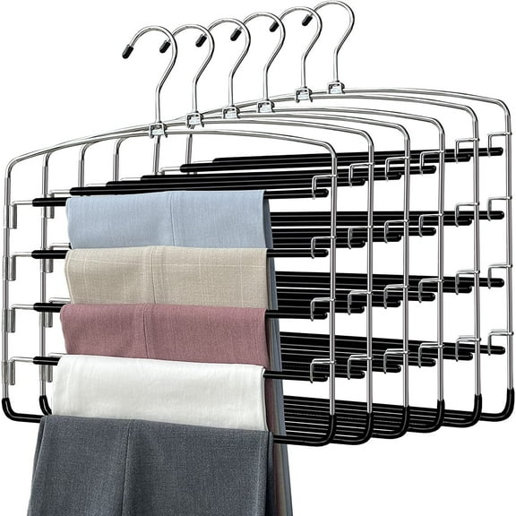 Pants Hangers 6 Pack, Swing Arm Trousers Hanger, Space Saving Pants Rack, 5 Layers Jeans Hangers with Non-Slip, Multiple Pants Hanger Closet Organizer By Wattne for Trousers Scarves Ties