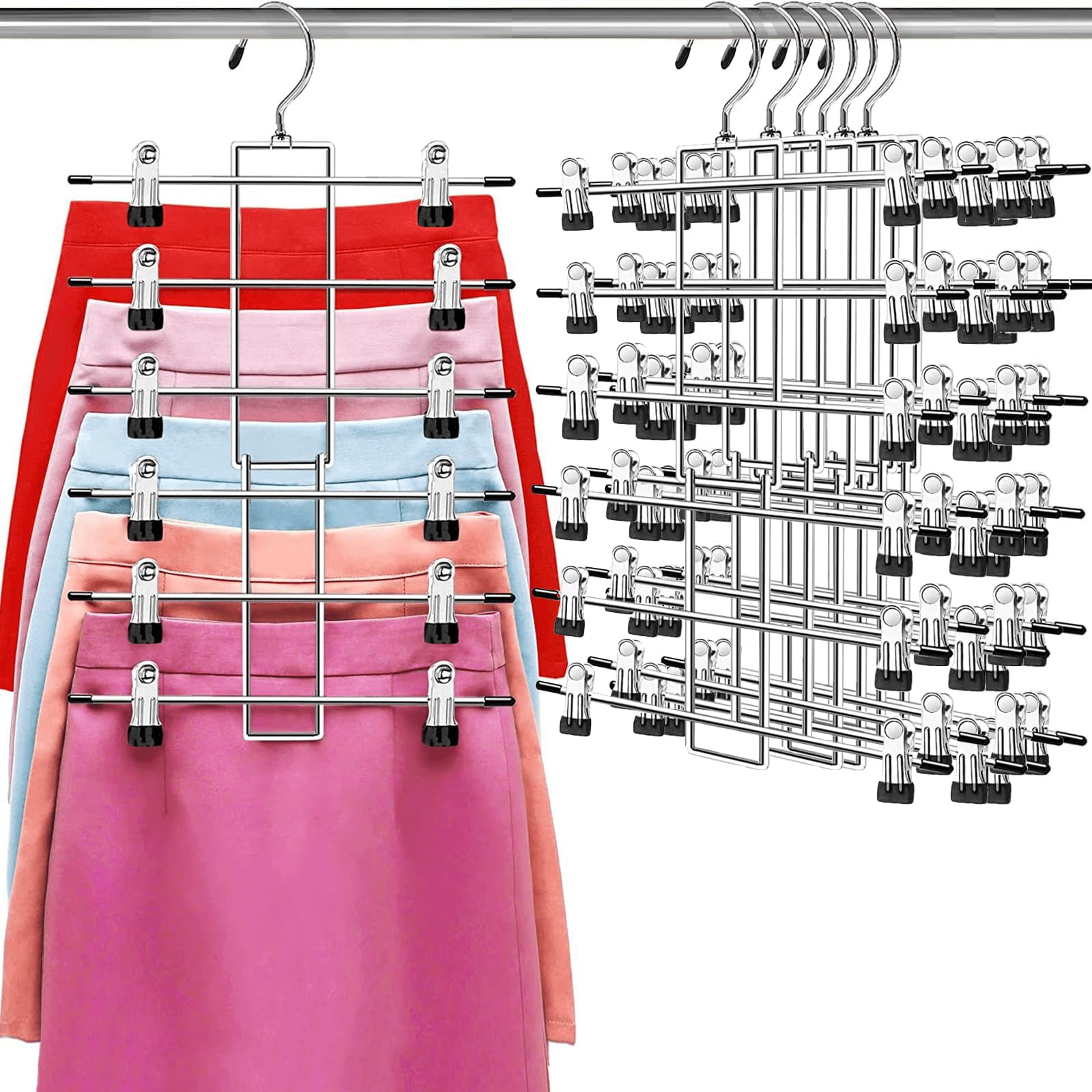 Pants Hangers with Clips,Space Saving Hanging Closet Organizer-6 Tiers Skirt Hangers with 360° Swivel Hook,Closet Organizer-Clothes Hangers- College Dorm Essentials Apartment Essentials