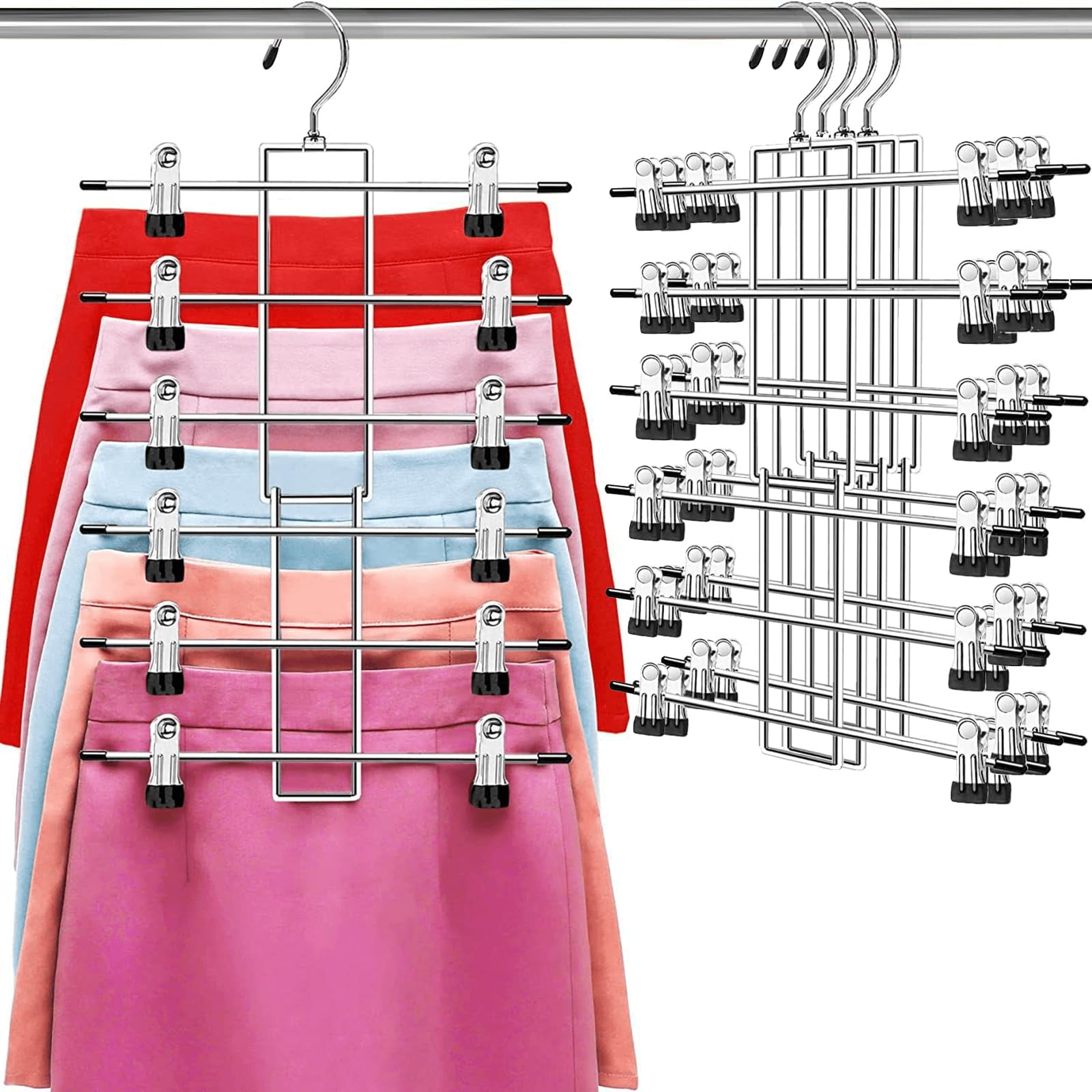 Pants Hangers with Clips,Space Saving Hanging Closet Organizer-6 Tiers Skirt Hangers with 360° Swivel Hook,Closet Organizer-Clothes Hangers- College Dorm Essentials Apartment Essentials