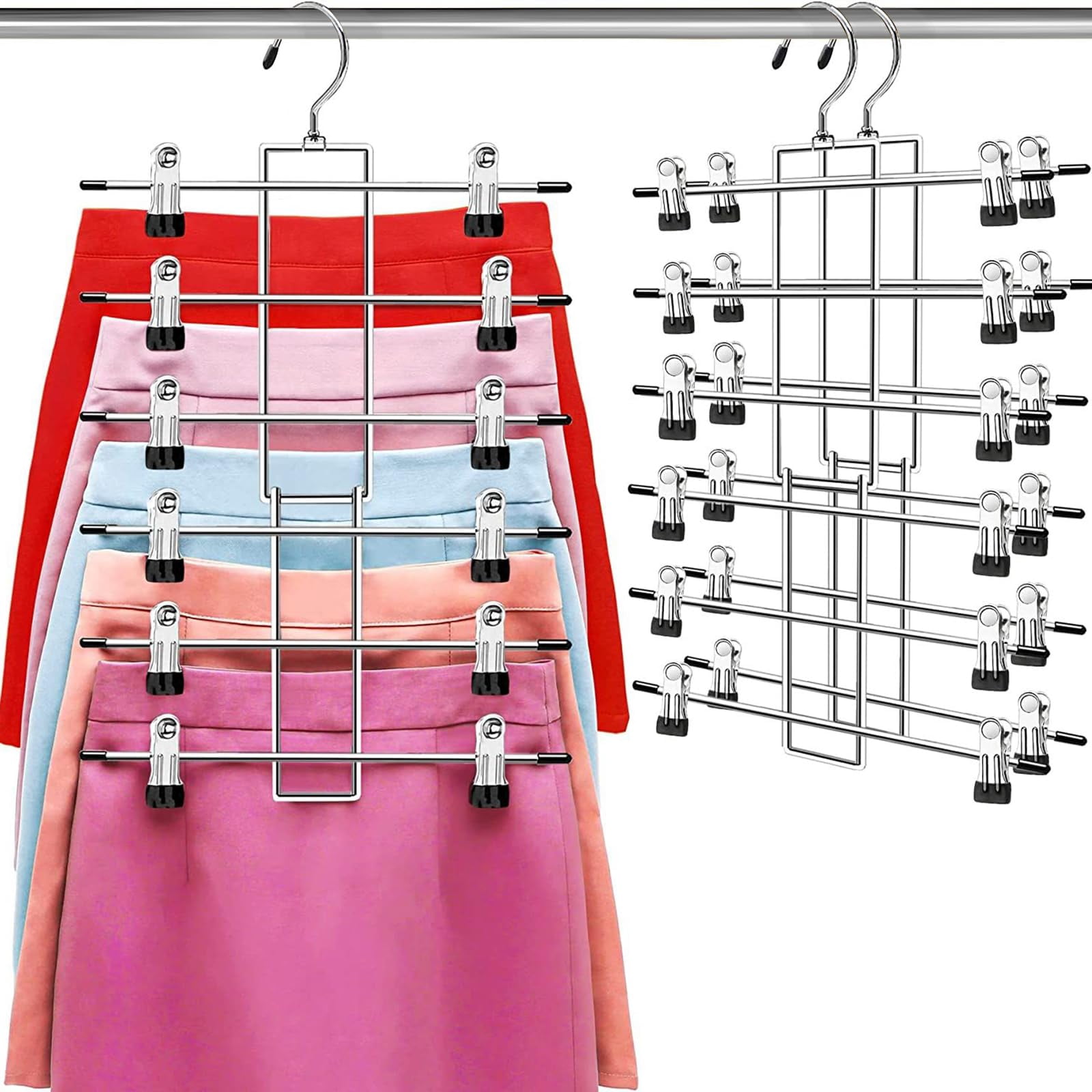 Pants Hangers with Clips,Space Saving Hanging Closet Organizer-6 Tiers Skirt Hangers with 360° Swivel Hook,Closet Organizer-Clothes Hangers- College Dorm Essentials Apartment Essentials