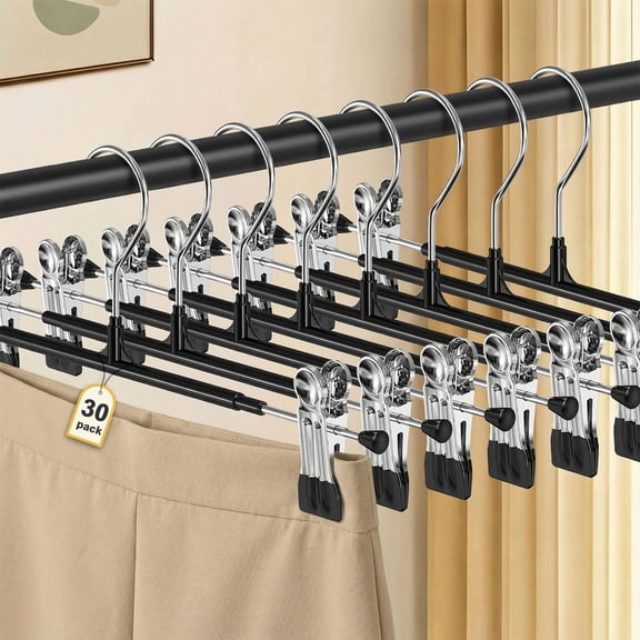 Pants Hangers with Clips for Women 30 Pack, 12Inch Adjustable Heavy Duty Skirt Hangers, Space Saving Non-Slip Shorts Jeans Trousers Clothes Hangers, Green