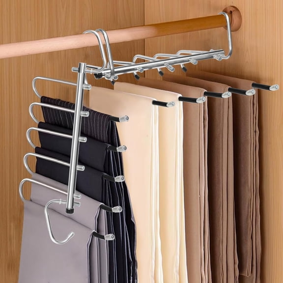 Pants Hangers Space Saving - 2 Pack 5-Tier Stainless Steel Jean Closet Organizer, Anti-Slip Clothing Storage Rack, Multifunctional Clothes Hanger Holder for Trouser Skirt Scarf Slack Legging