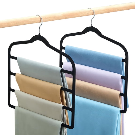 Pants Hangers Space Saving, 2 Pack Multi-Layer Velvet Pant Hanger | 4-Tier Design, Non-Slip Closet Organizer for Small Closets and College Dorms, Hanging Trousers, Scarves, Ties, Towels, Black