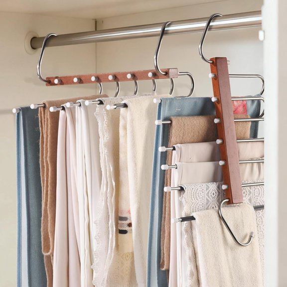 Pants Hangers Space Saving, 2 Packs Wooden Closet Organizer, Anti-Slip Design Leggings Hanger, Multi-Layer Clothing Pant Rack for Jeans, Trousers, Skirts, Scarves & Slacks