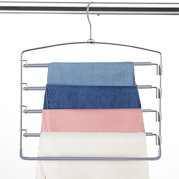 Pants Hangers Space Saving 3 Pack No Slip 5 Layers Multi Functional Pants Rack Stainless Steel Swing Arm Space Saver Hanger for Trousers Jeans Towels Scarf Grey