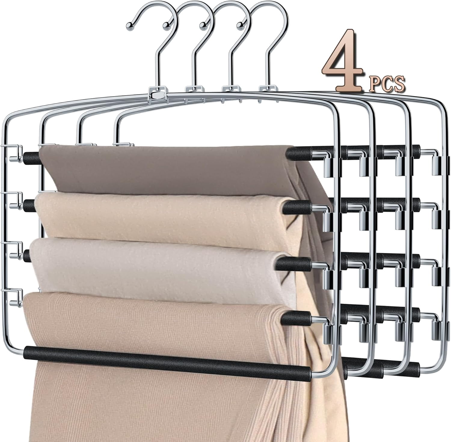 Pants Hangers Space Saving - 4Pack, 5 Layers Space Saving Hangers, Sturdy Stainless Steel Pant Rack with Anti-Slip Swing Arm, Closet Organizers and Storage for Trousers Jeans