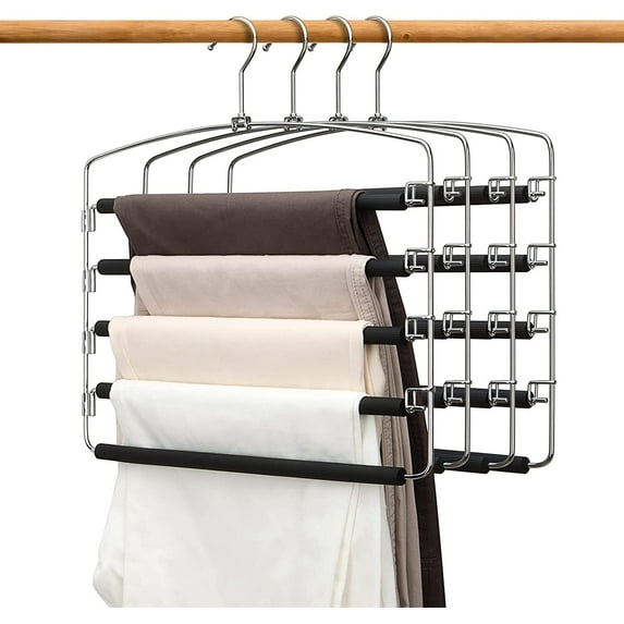 Pants Hangers Space Saving 5 Layers Stainless Steel Slack Hangers Jeans Trousers Hangers Non-Slip Foam Padded Swing Arm Clothes Hanger Closet Organizer for Jeans,Scarf,Tie (Black, 4)