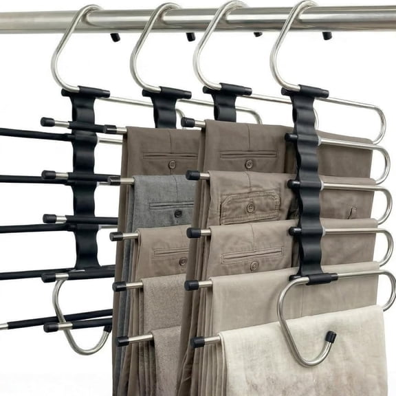 Pants Hangers Space Saving, 5 Tier Jeans Hanger for Closet, Black Multiple Heavy Duty Stainless Steel Pant Rack for Trousers, Legging with 20 Clips (4 Pack)