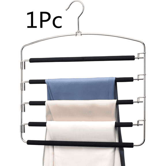 Pants Hangers, Space Saving Pants Hangers,Swing Arm Trousers Hanger, 5 Layers Hanger with Non-Slip, Multiple Pants Hanger Closet Organizer for Trousers Scarves Ties(1Pc,Black)