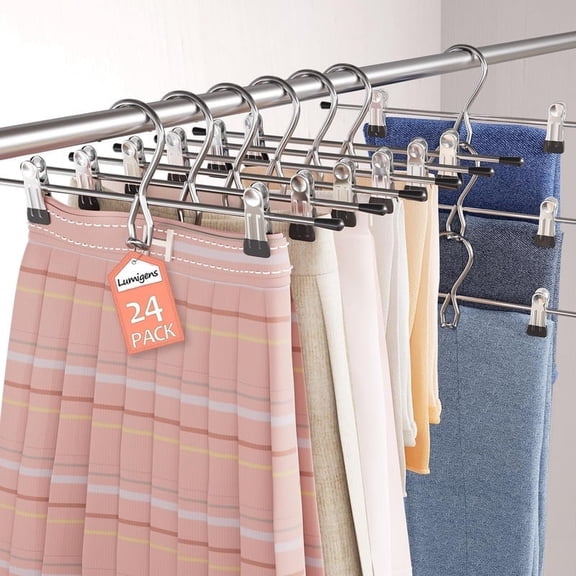 Pants Hangers Space Saving, Stackable Skirt Hangers with Clips, Hanging Closet Organizer and Storage, Clothes Hangers, College Dorm Essentials Apartment Essentials- 24 Pack