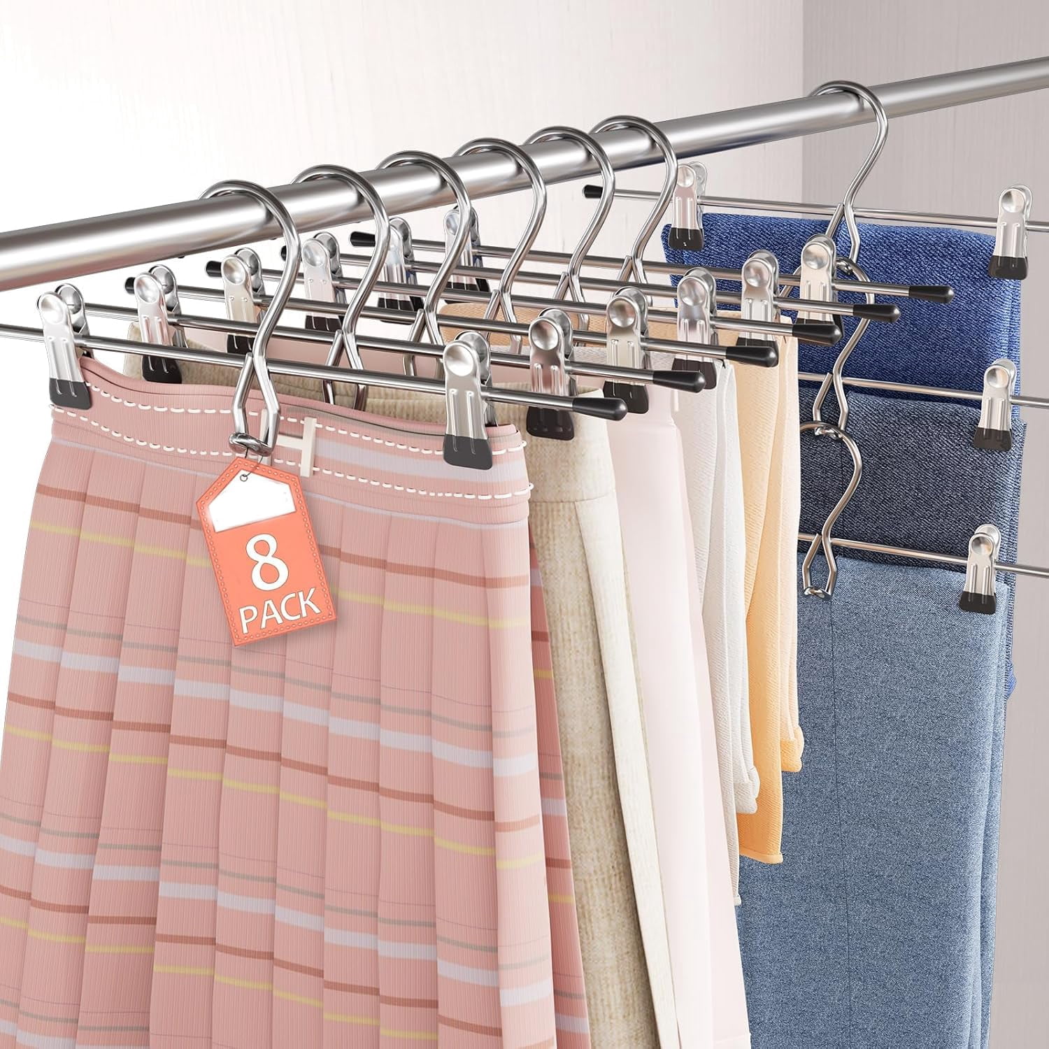 Pants Hangers, Stackable Skirt Hangers with Clips, Hanging Closet Organizer and Storage, Clothes Hangers - 8 Pack