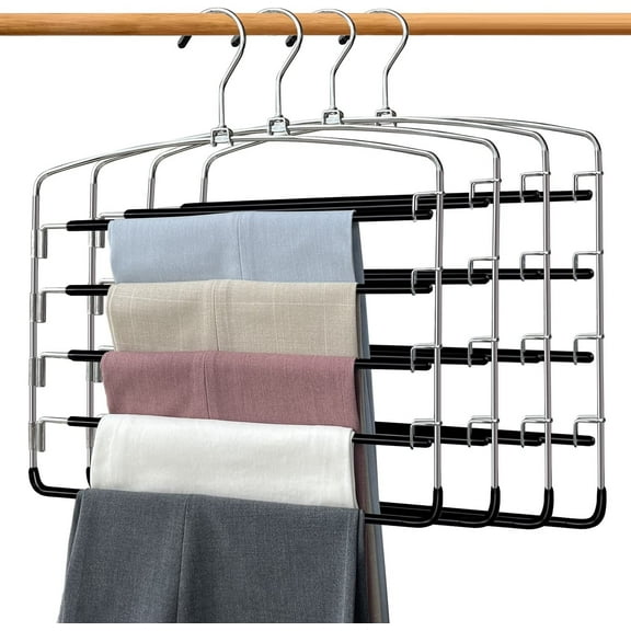 4 Pack Pants Hangers Space Saving, 5 Layer Tiered Non-Slip Stainless Steel Pants Hangers, Multi-Tier Pants Organizer Hangers, Swing Arm Space Saver Pants Hangers for Jeans Trousers