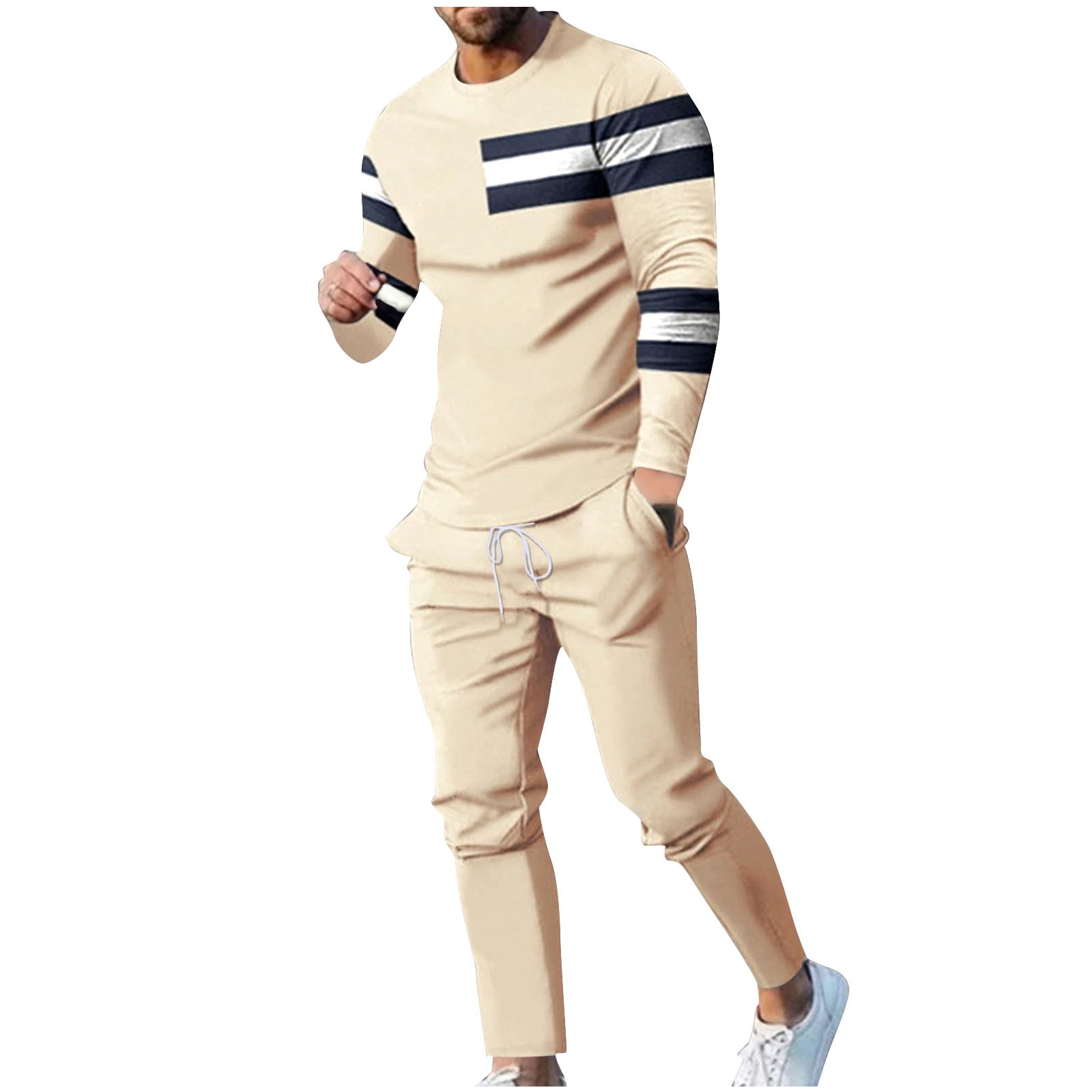 Men's Full Size Round Neck Long Sleeve Top and Pants Set Plus Size