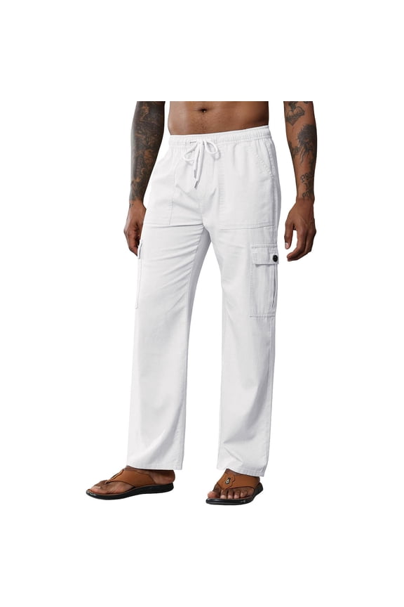Pants for Men's Cotton And Linen Elastic Waist Blended Breathable Comfortable Soft Cargo Pocket Casual Trousers Full Length Pants Work Pants for Men Construction White M
