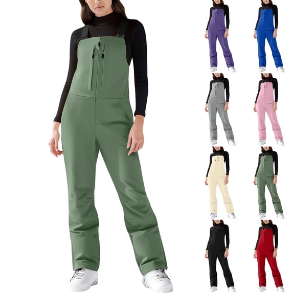 Pants Outdoor Softshell Adjustable Straps WoMen's Snow Ski Overalls Windproof Insulated Romper Snowpants Green L