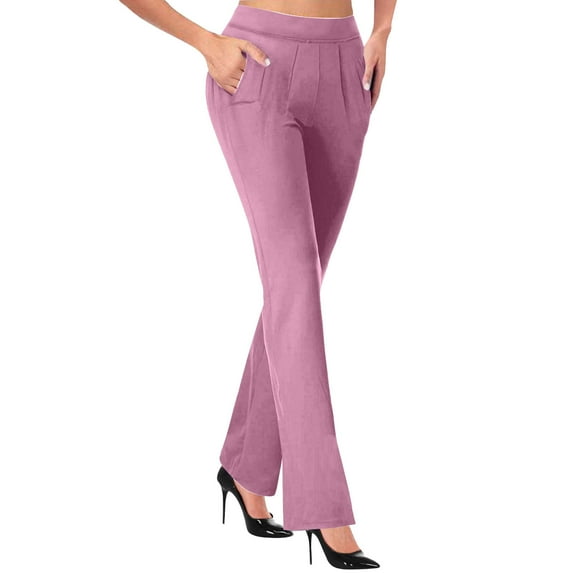Pants with Pockets Dress Pants Women High Waisted Leg Work Pants Stretch Office Casual Pants Boot Cut Elastic Waist Pull on Work Trousers Business Trousers with Pockets S-115 Pink-A S