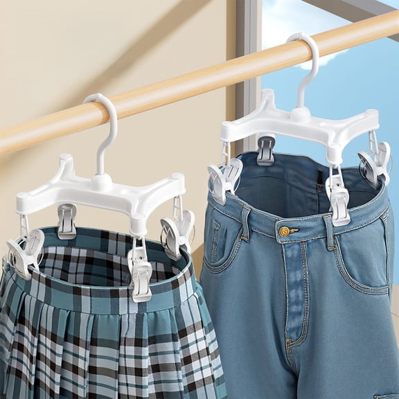 Pants Rack Hanger with Multi-Clip Non-Slip Grips Foldable Plastic Clothes Organizer for Pants, Skirts, Socks Swivel Hook White Space Saving Drying Solution 7.7"x6.3"