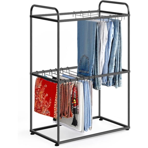 Pants Rack Stand with 26 Metal Pants Hangers, 2-Tier Freestanding Trouser Organizer, Sturdy Metal Pants Storage Rack with Adjustable Feet for Jeans, Scarves, Clothes, Black