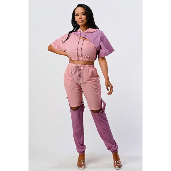 Pants Set In Color Block With Hoodie And Detachable Bottom Part Mauve M