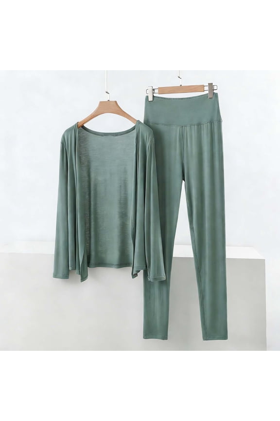 Pants Set for Women Dressy Casual New Women Lightweight Loungewear Sets Long Sleeve Sleepwear Casual Loose Open Front Cardigans High Waisted Pants Green L